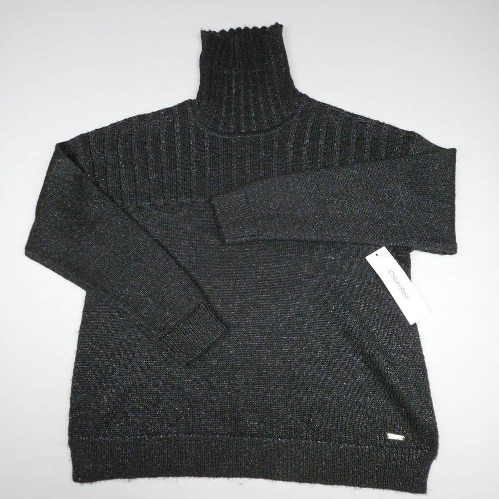 Calvin Klein Turtleneck Sweater Womens Large Black Metallic Polyester C3HSL792